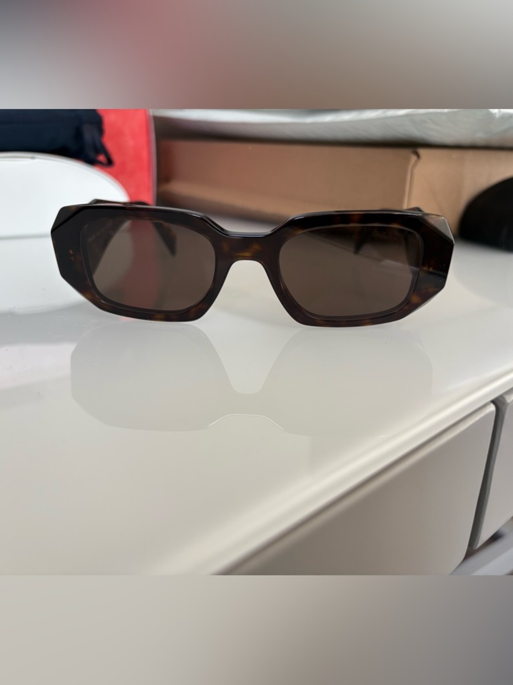 Prada Women's Tortoiseshell Rectangular Sunglasses - Brown